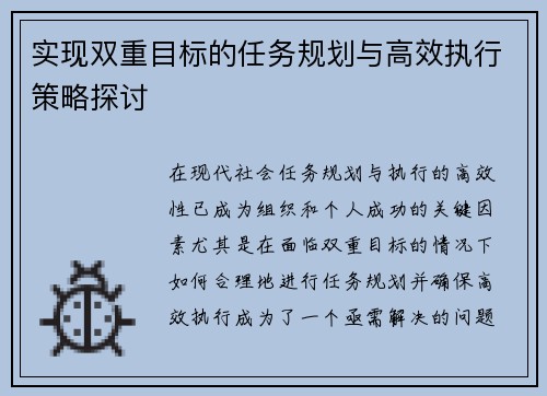 实现双重目标的任务规划与高效执行策略探讨